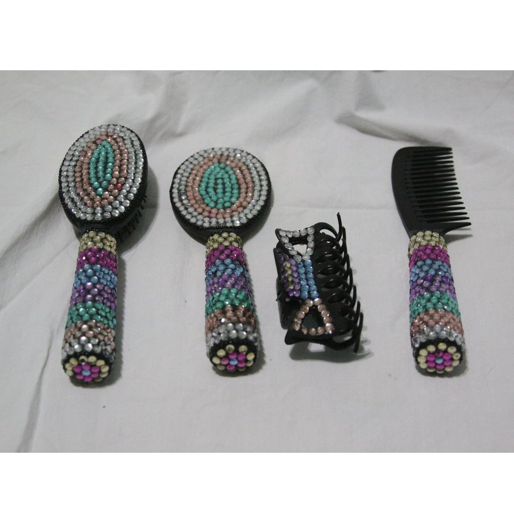 Bedazzled Brush Comb Mirror and Hair Clip